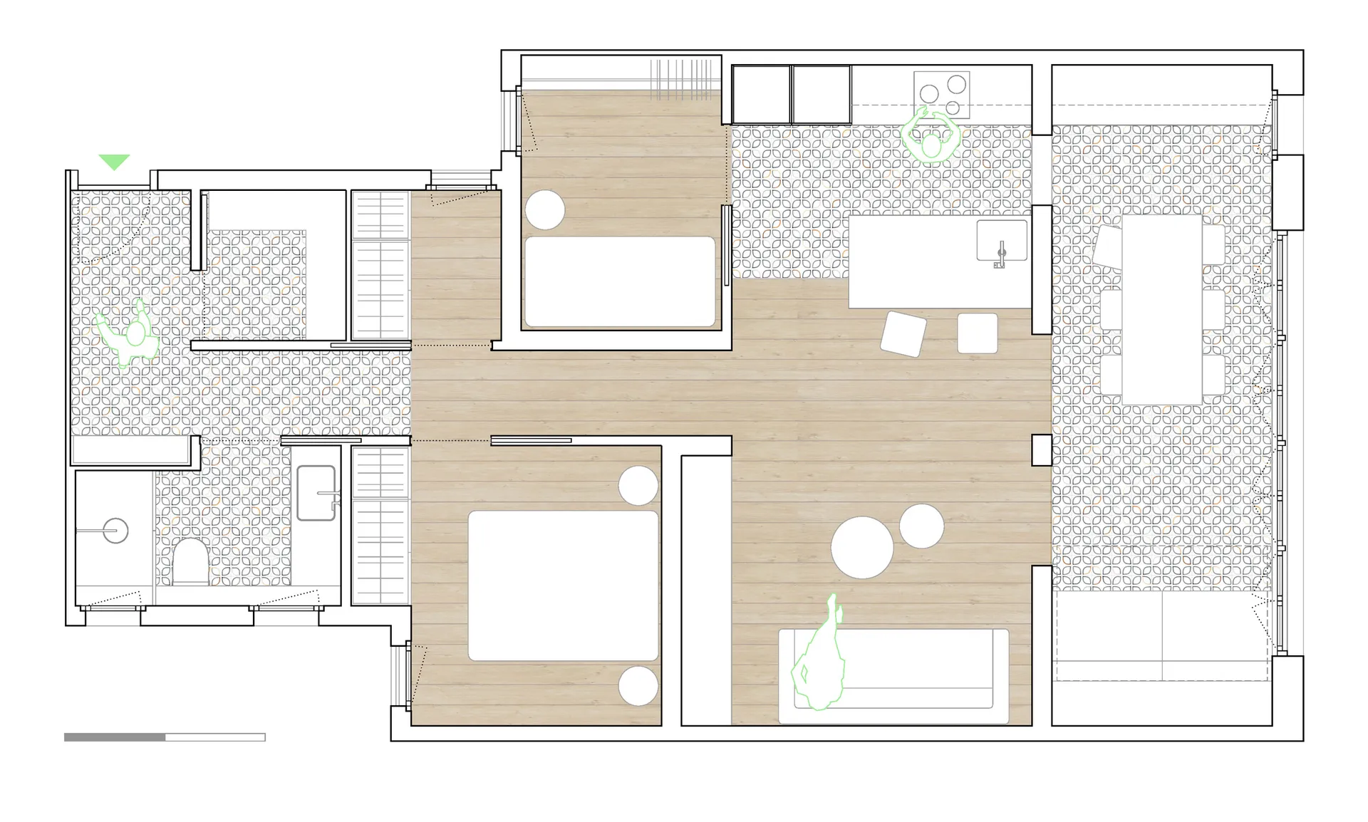 Floor plan of a modern apartment with a wooden floor.
