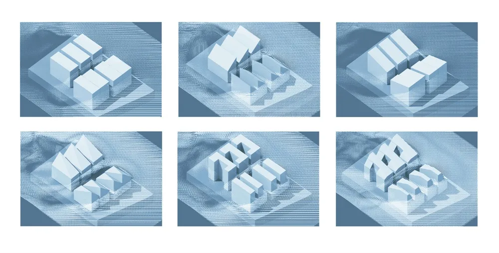 A 3D architectural rendering of a modern building with blue elements.