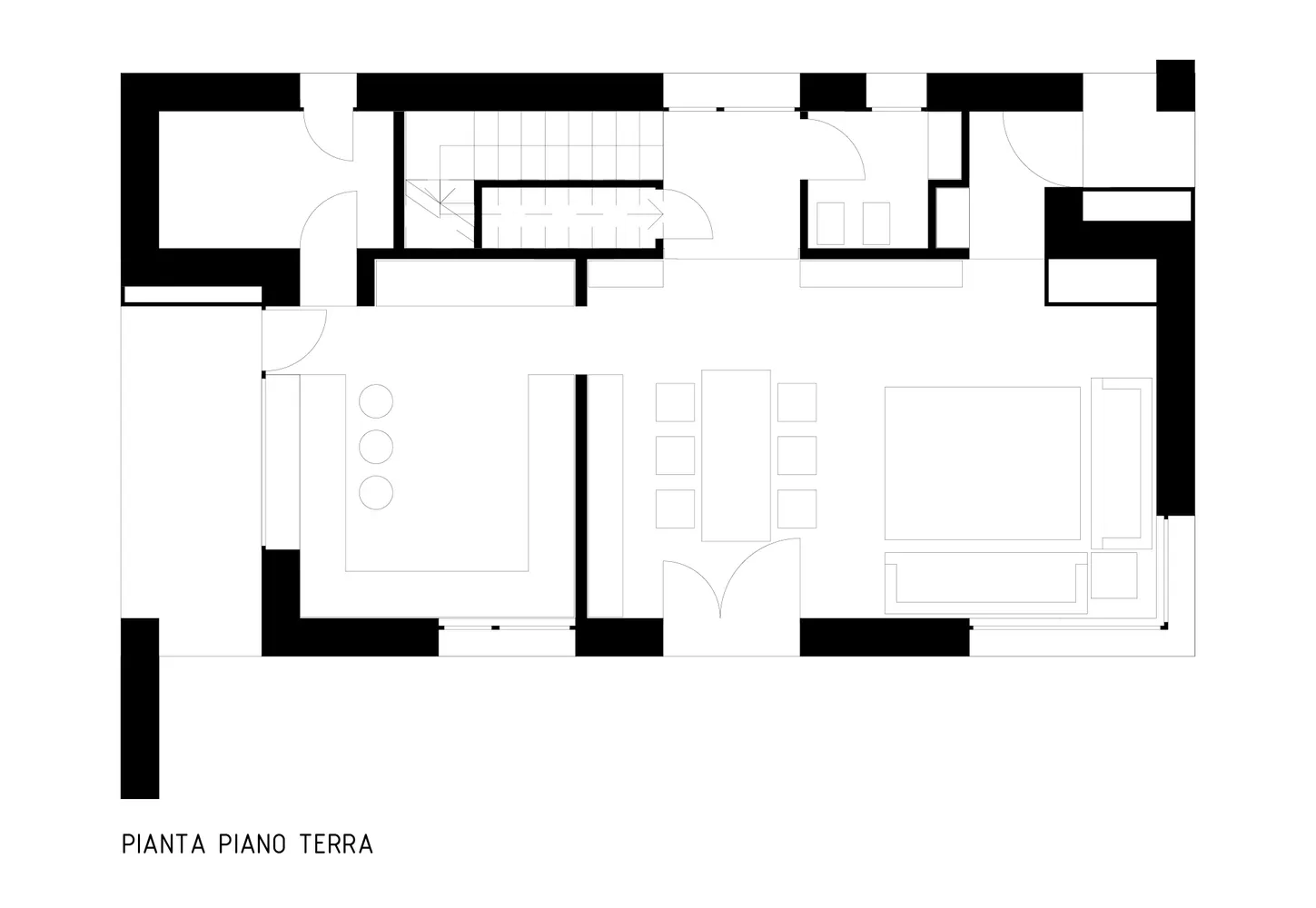 A detailed 2D architectural drawing of a modern residential floor plan in black and white.