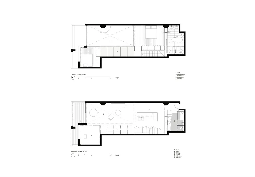 A detailed 2D architectural drawing showing the layout of a modern floor plan in black and white.