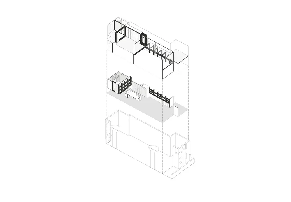 A vertical architectural plan of an interior space with multiple floors.