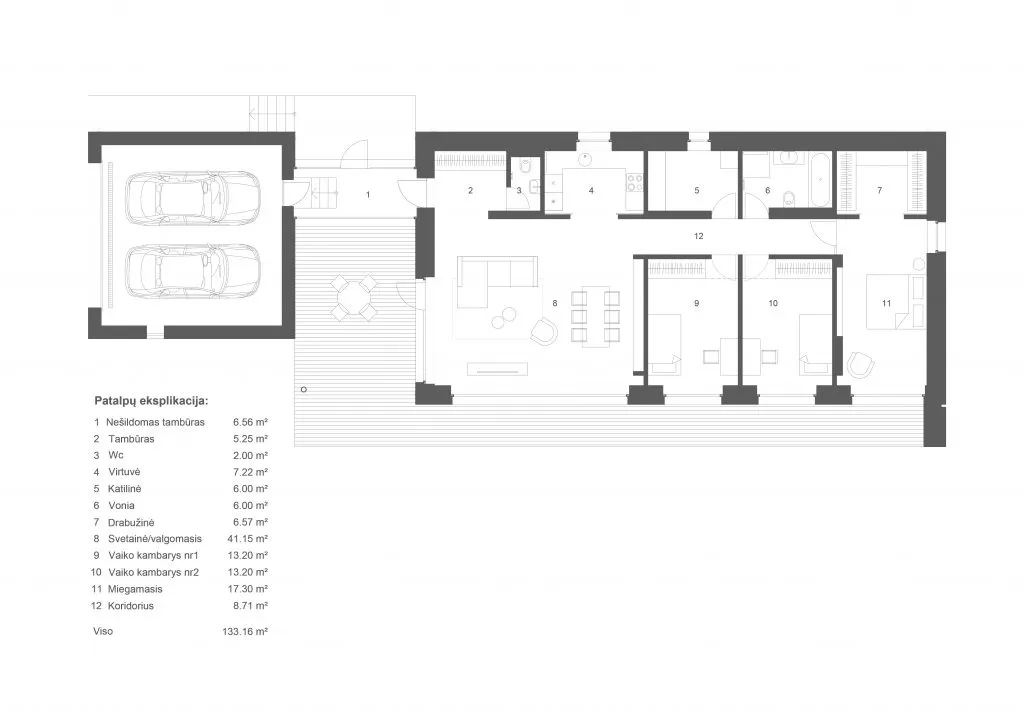Floor plan of a contemporary residential house, featuring living room, kitchen, bedrooms, bathrooms, and garage.