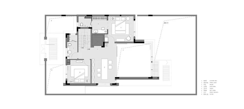 簡約住宅建築平面圖,房間標示清楚,格局井然有序。