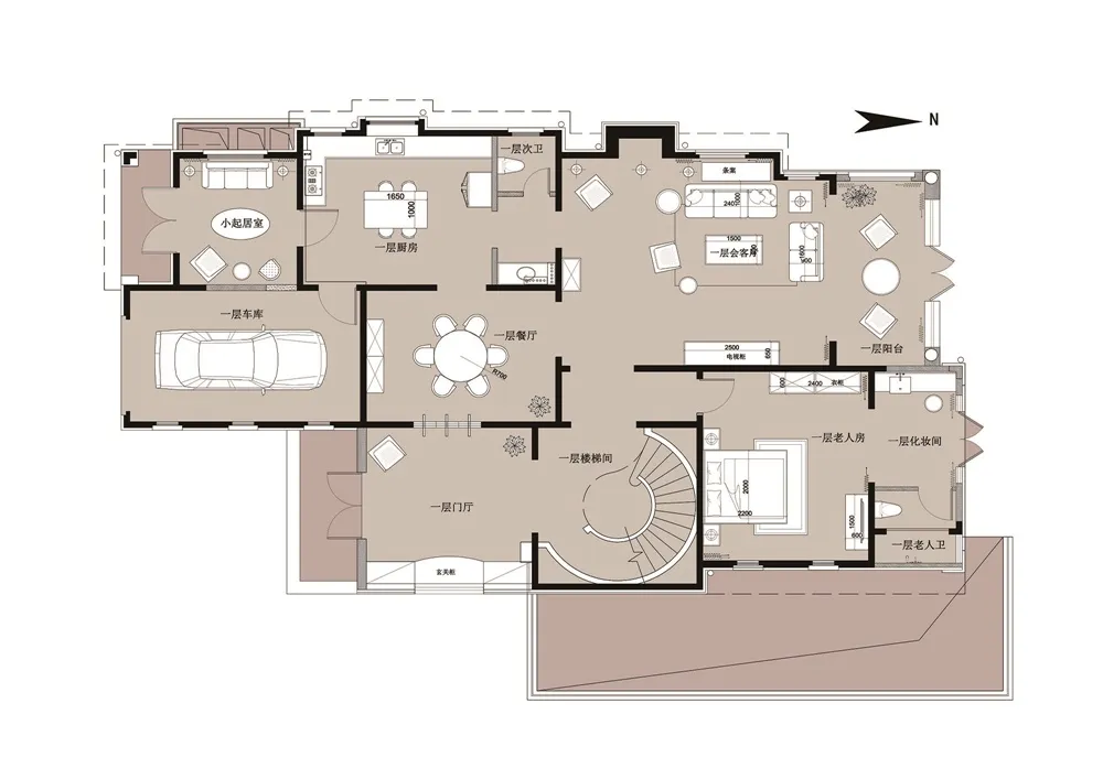 Detailed 2D architectural drawing of a modern residential home floor plan.