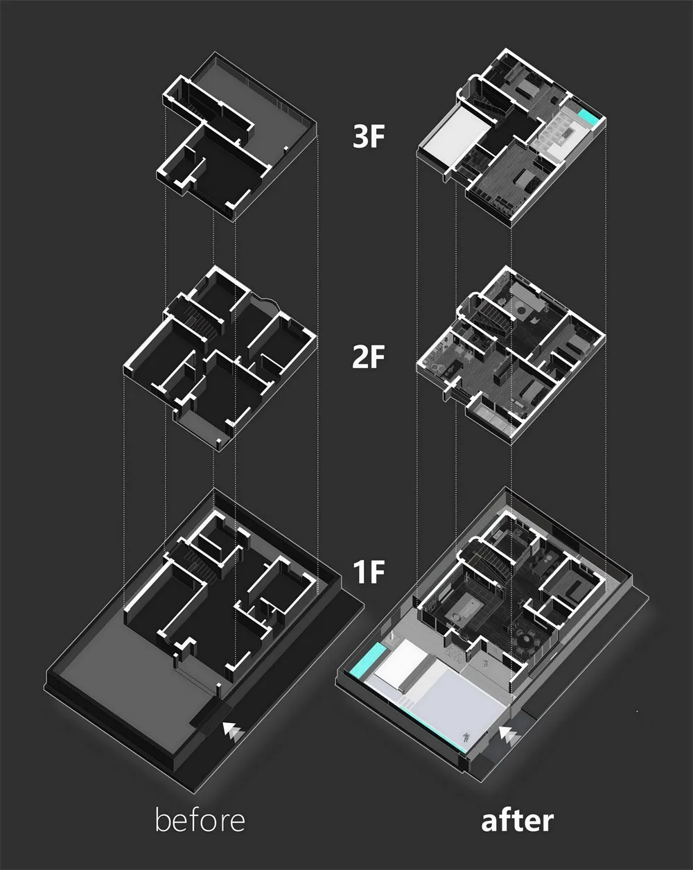 Comparison of a 3-level architectural floor plan before and after redesign, showcasing layout and structural changes.