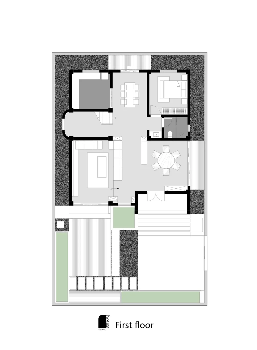 現代住宅一樓建築平面圖,包含客廳、餐廳、臥室及戶外露台。