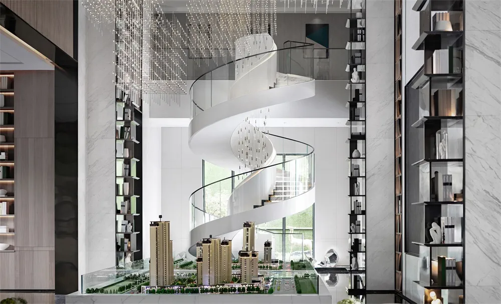 現代奢華客廳,配有玻璃樓梯與大理石牆面
