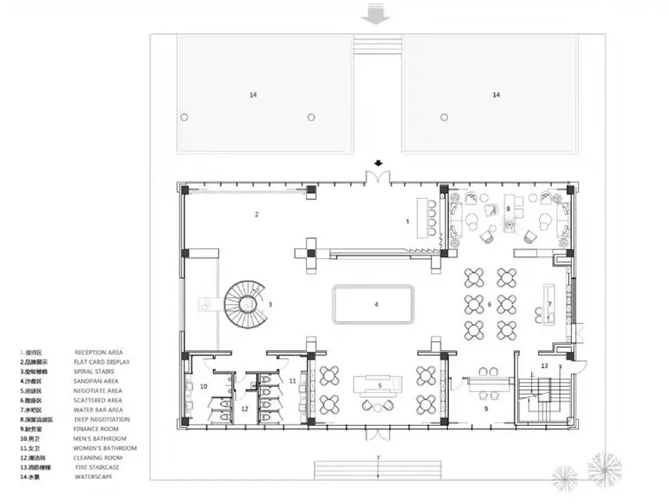 A detailed office conference room layout diagram with labeled spaces such as reception区, Flat Card Display, Spiral Staircase,