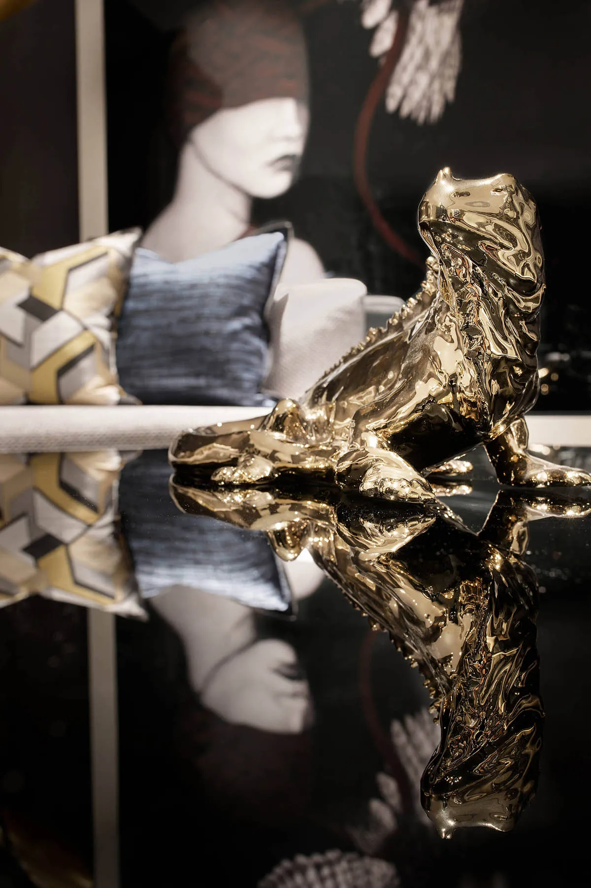 A modern interior design featuring gold decor elements