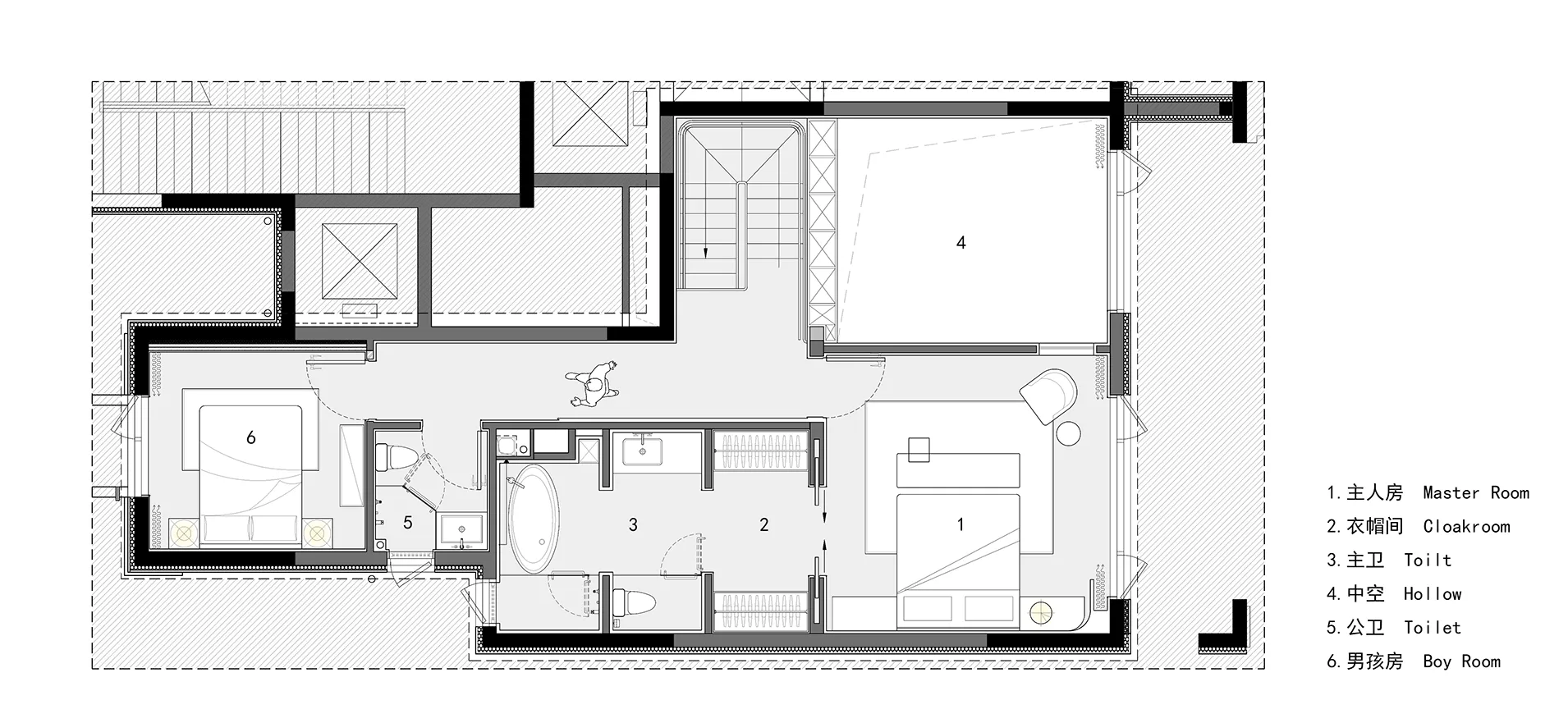 一張現代住宅平面圖,展示房間與空間的配置,包括主臥、衣帽間、衛浴、中空區以及陽台