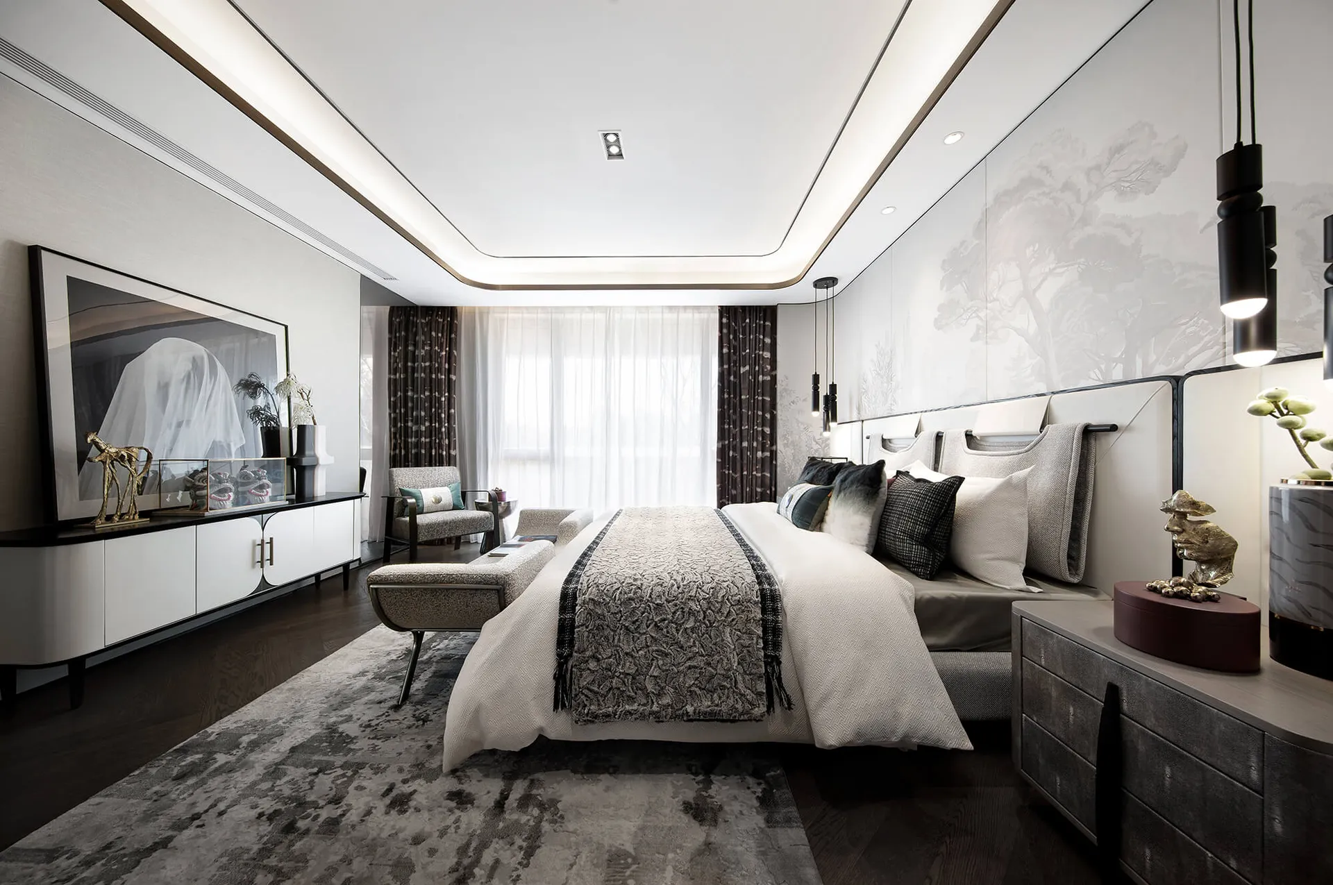 A modern bedroom featuring a textured white headboard and soft, neutral bedding.
