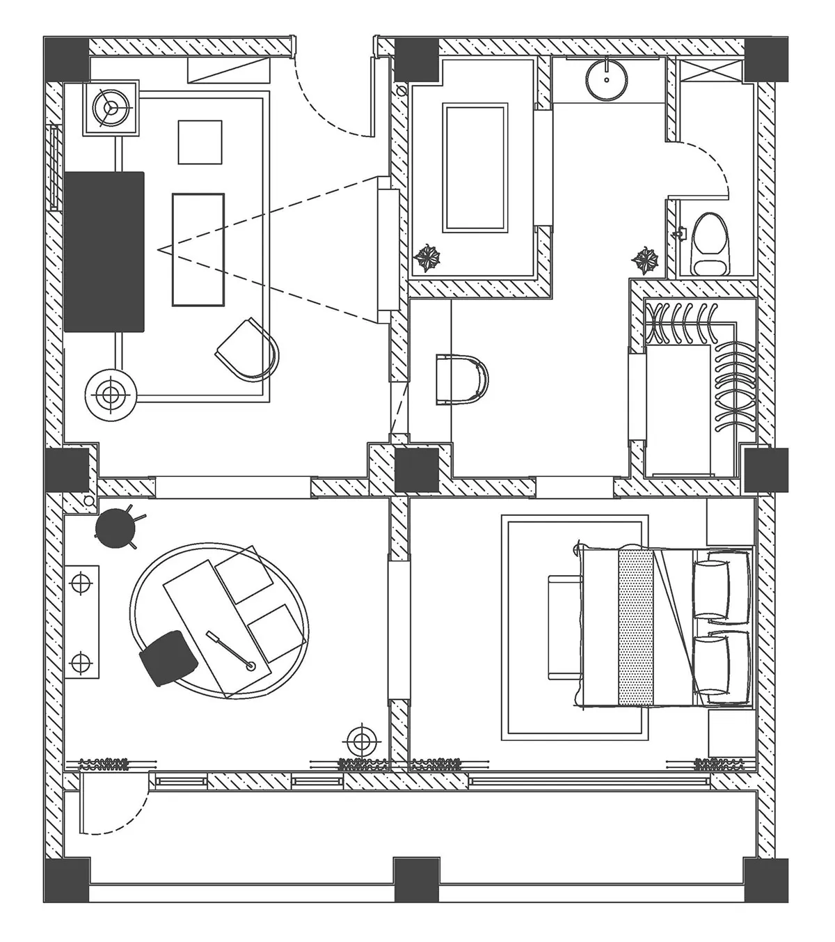 Minimalist apartment floor plan with white walls, floor, and furniture.