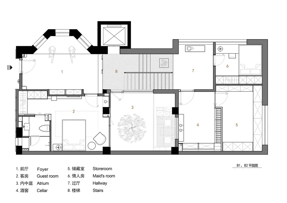 現代建築室內設計的平面圖,包含客廳附壁爐、餐廳、廚房與衛浴