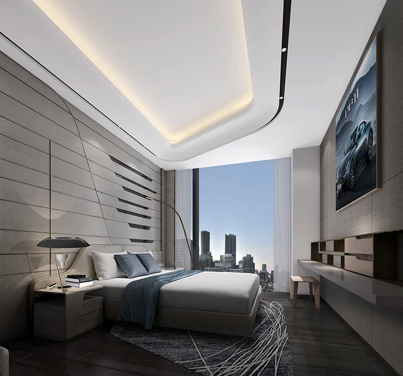 A modern bedroom with concrete walls and dark wood flooring, featuring a large window overlooking a city skyline.