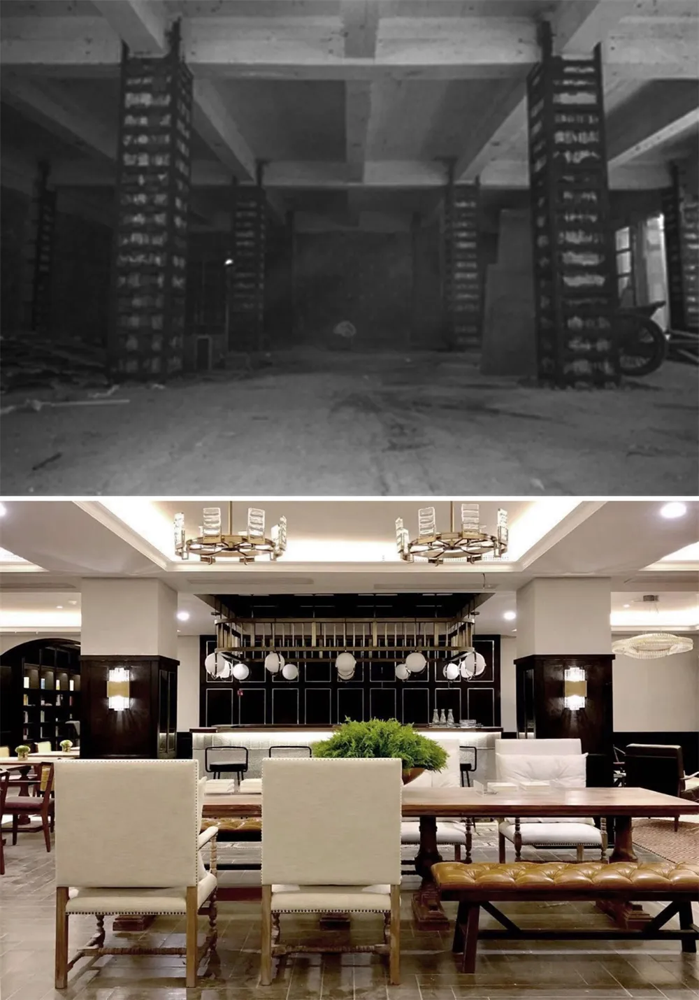 A modern hotel lobby with a concrete floor and ceiling beams, featuring a bar counter with seating and plants.