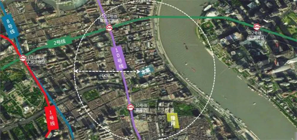 Aerial map of an urban area with multiple subway lines and a river.
