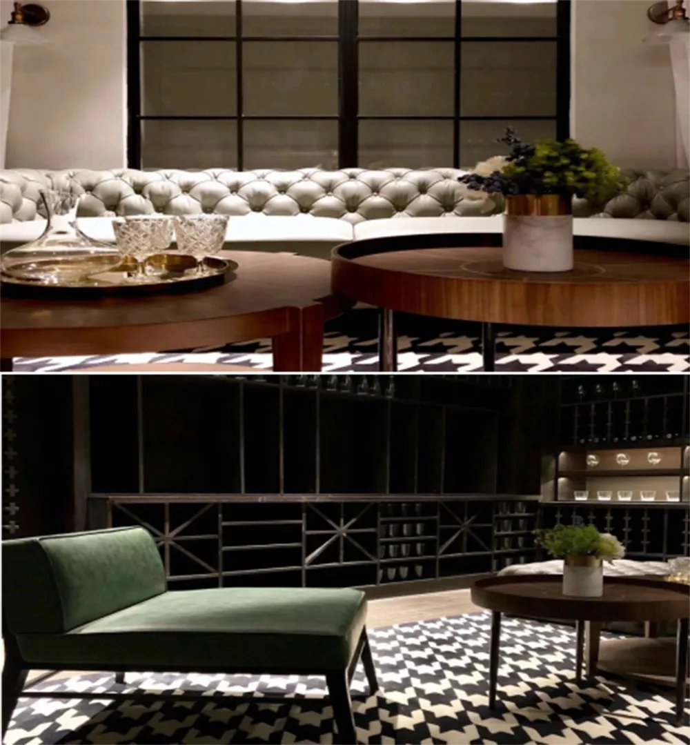 Modern lounge space with a mix of furniture and decor.