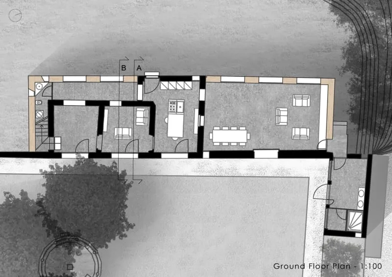 Minimalist ground floor plan of a residential home, with modern furnishings and open spaces.