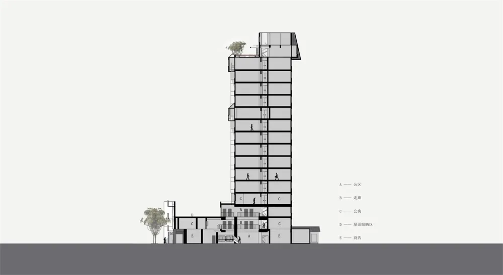 一座以混凝土與玻璃為材質的現代公寓大樓，展示其平面圖。