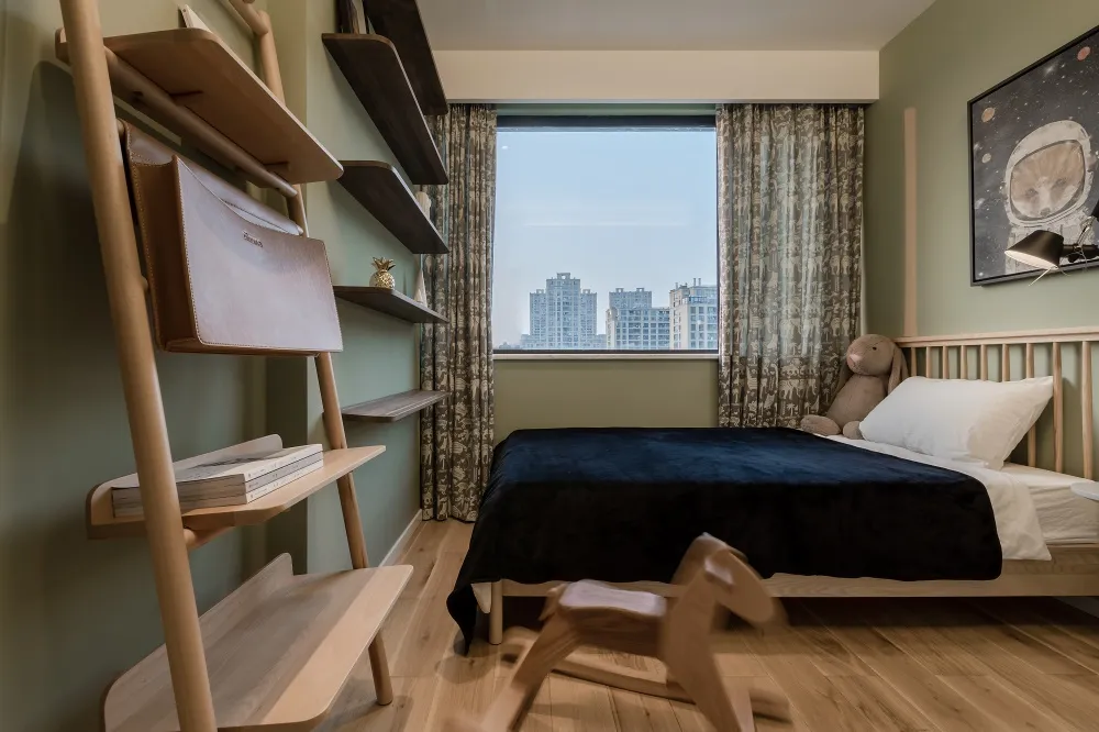 Modern bedroom featuring wooden shelves, minimalist decor, and a comfortable bed.