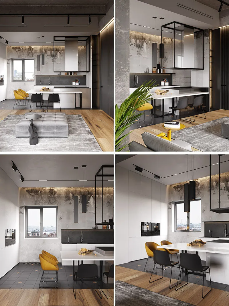 A modern kitchen with concrete walls, white countertops, and wooden flooring, featuring a dining table with yellow chairs.