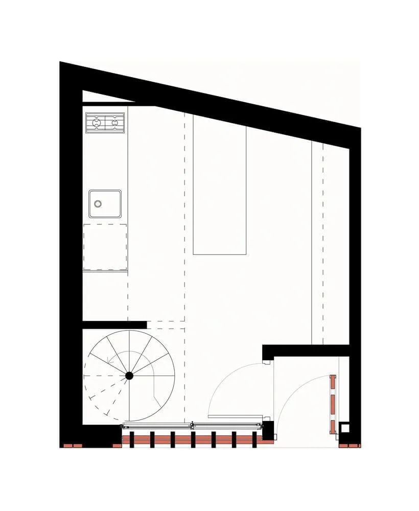 Minimalist design bathroom floor plan featuring a tiled shower area and modern fixtures.