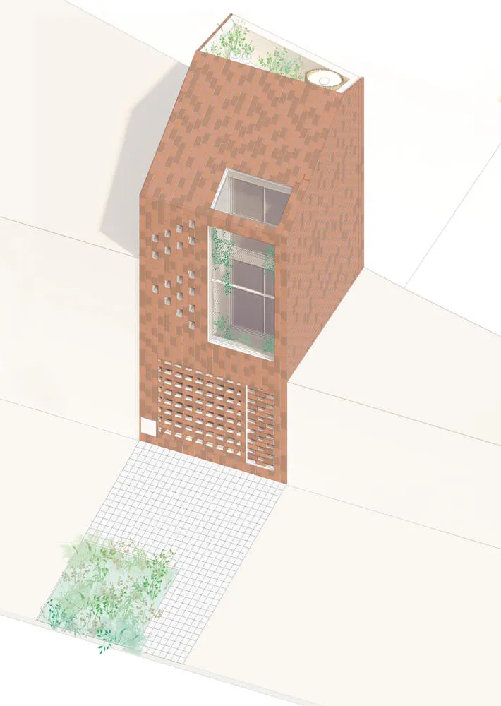 現代磚造住宅外觀，設有屋頂花園與大面窗戶。