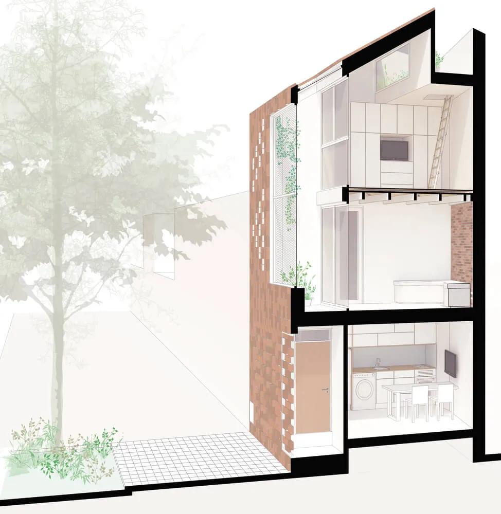 An architectural section drawing of a modern brick interior establishment