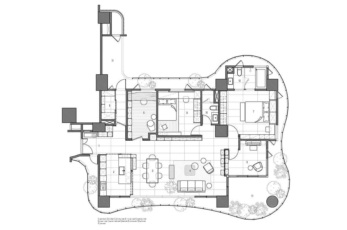 Floor plan of a modern residential space with concrete, glass, and metal elements.