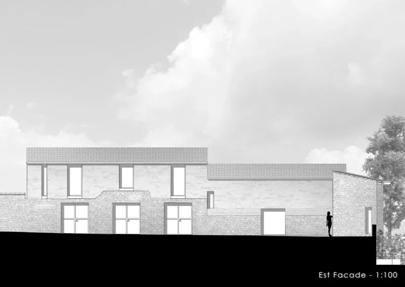 A rendering of a house exterior showcasing brick and glass materials.