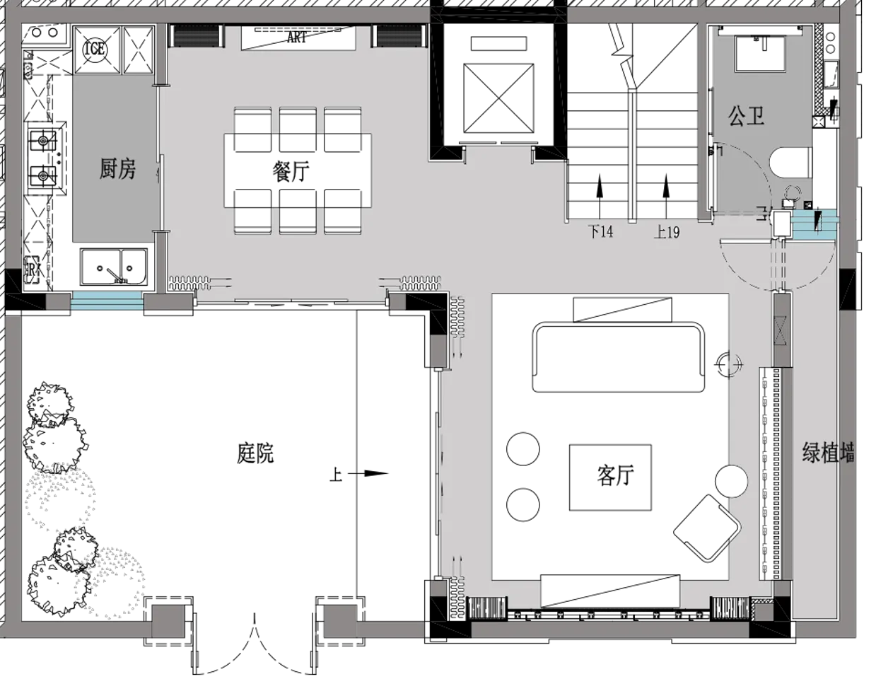 現代公寓室內平面圖,呈現開放空間與簡約設計。