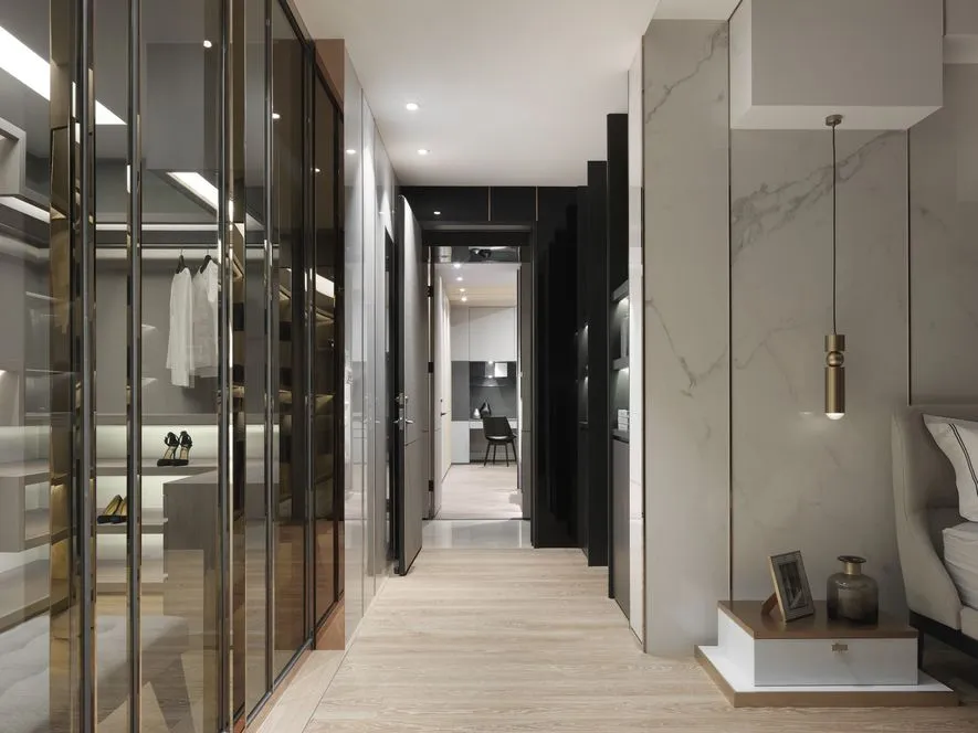 Modern minimalist interior with glass, marble, and wood accents