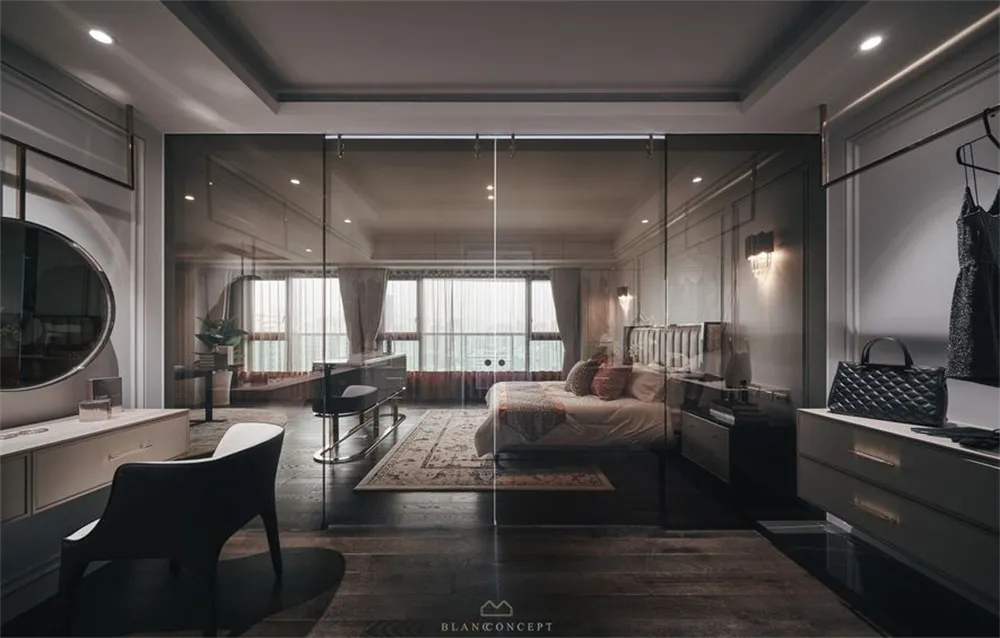 A modern bathroom featuring glass tiles on the walls and floor.