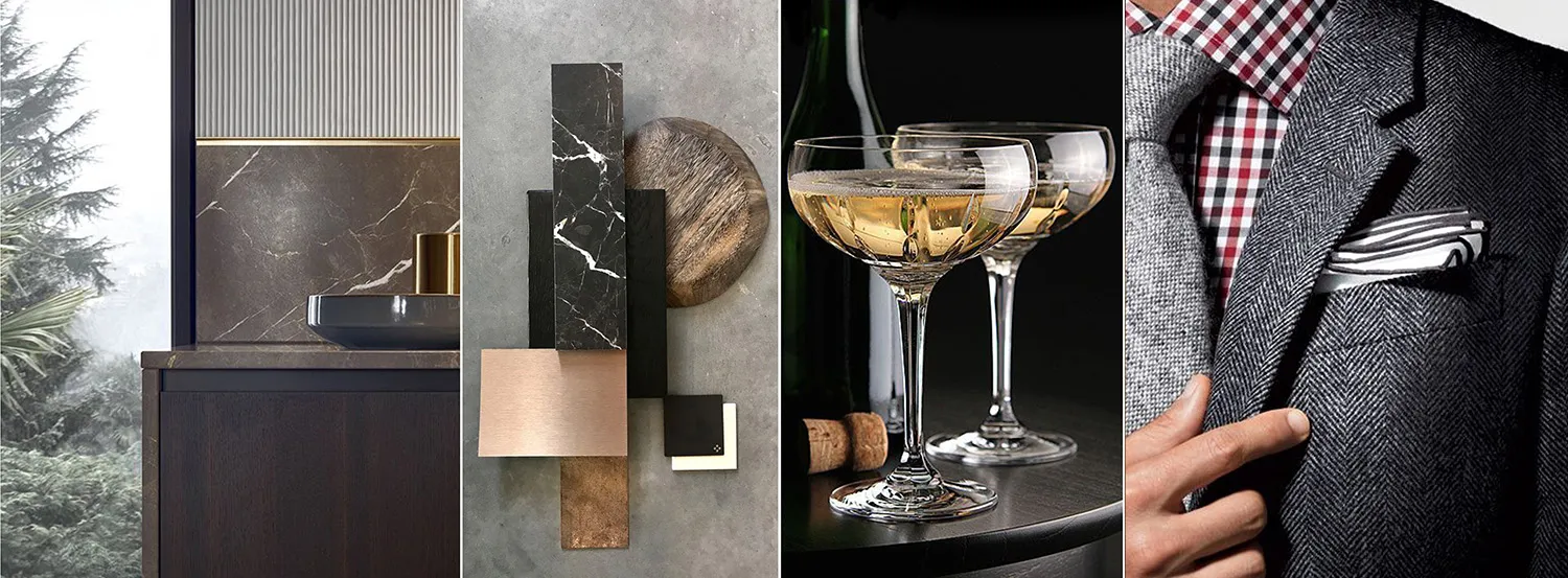 Modern interior with a wine bar featuring marble countertops and contemporary decor.
