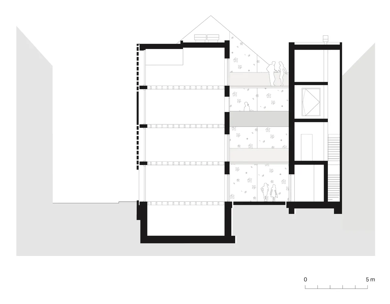 一張現代室內紙上建築圖,呈現詳細的平面配置與剖面。