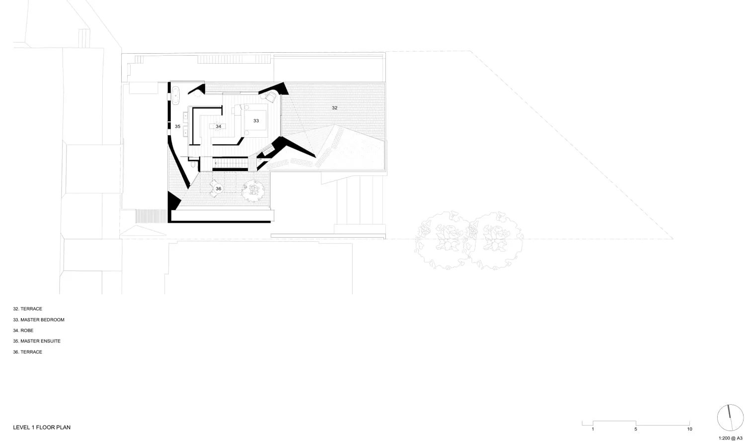 一張黑白現代住宅空間建築平面圖，呈現房間與空間的配置。