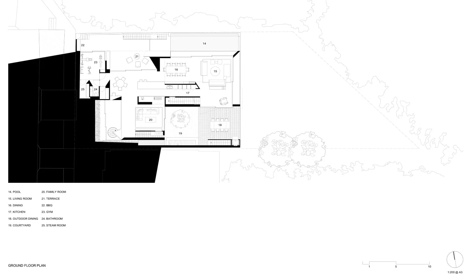 Modern residential architectural floor plan featuring glass materials and open spaces.