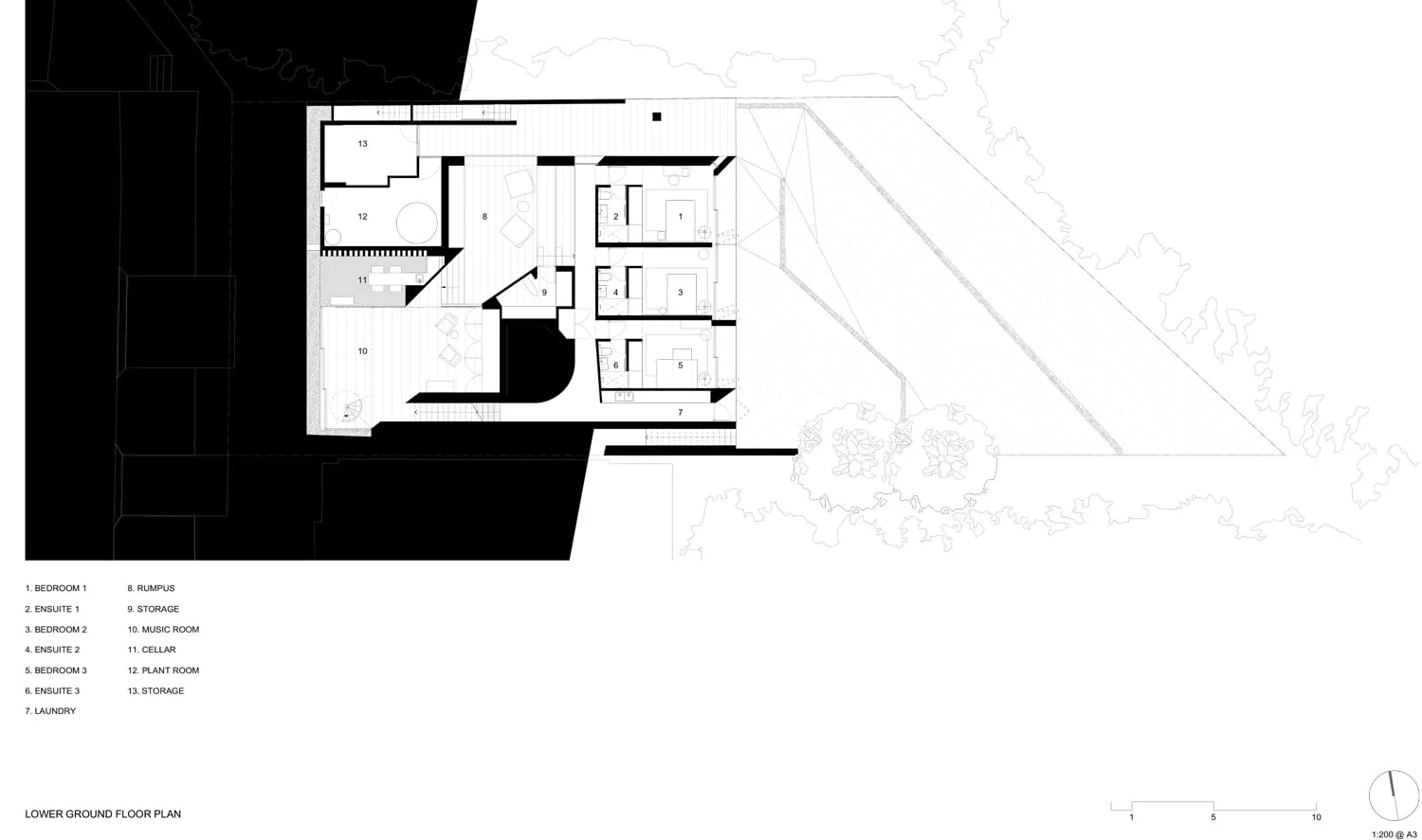 Lower Ground Floor Plan showing various rooms and spaces such as bedroom, ensuite, storage, music room, cellar, and plant roo