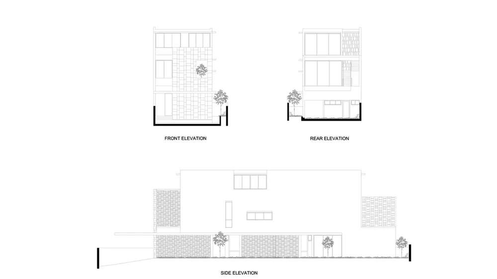 Modern exterior house plan showing a brick facade with large windows and a sloped roof.