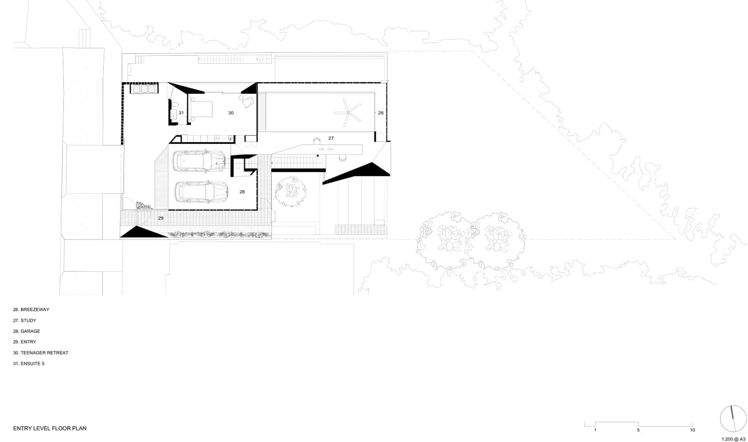 Modern entry-level residential floor plan featuring breezeway, study, garage, entry, and teenager retreat.
