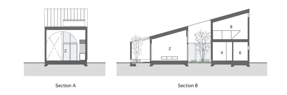 現代住宅剖面圖，採用玻璃與金屬材質。