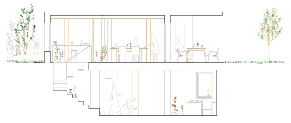 現代住宅室內的詳細建築剖面圖，展現簡約設計元素、開放式格局與自然光線
