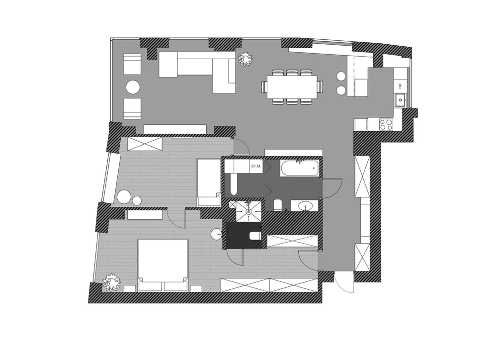 現代住宅公寓的平面圖,清楚標示客廳、餐廳、廚房、臥室與衛浴區域