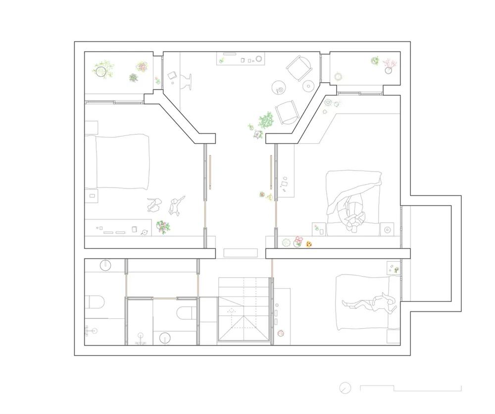 Modern residential floor plan highlighting mixed materials including wood, carpet, and plaster walls.