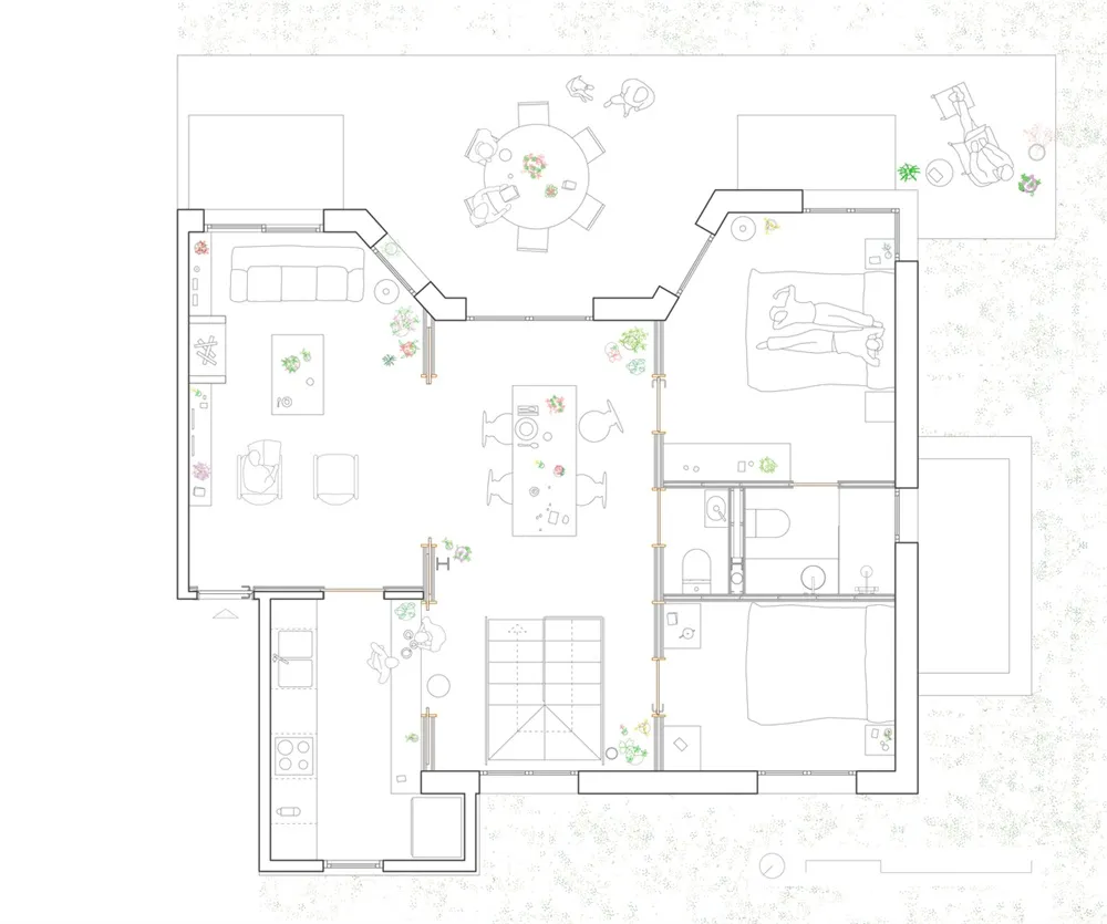 現代住宅公寓平面圖，包含客廳、用餐區、廚房、臥室及戶外休憩區。