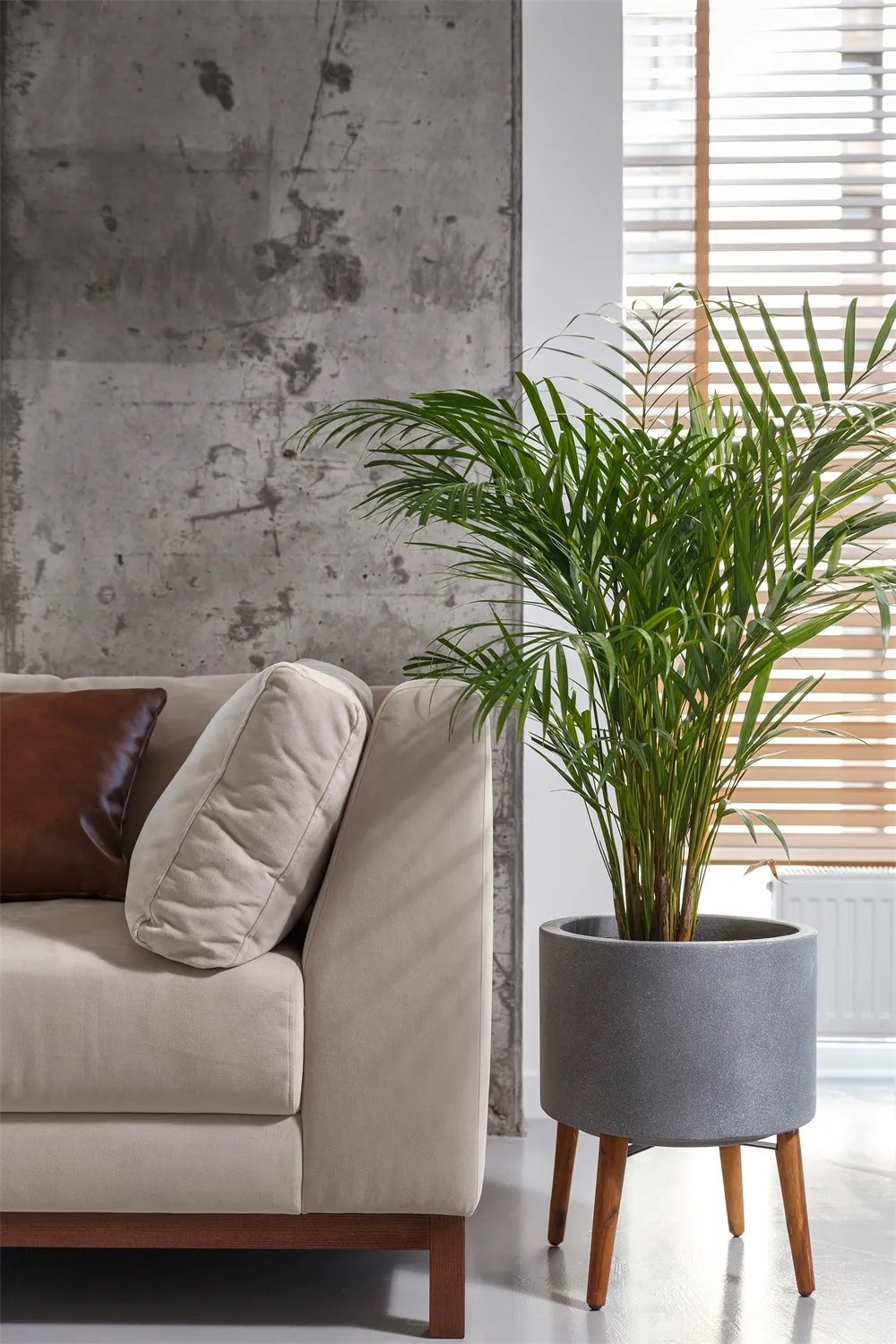 A minimalist living room featuring a concrete couch, wooden coffee table, and large window with wooden blinds.