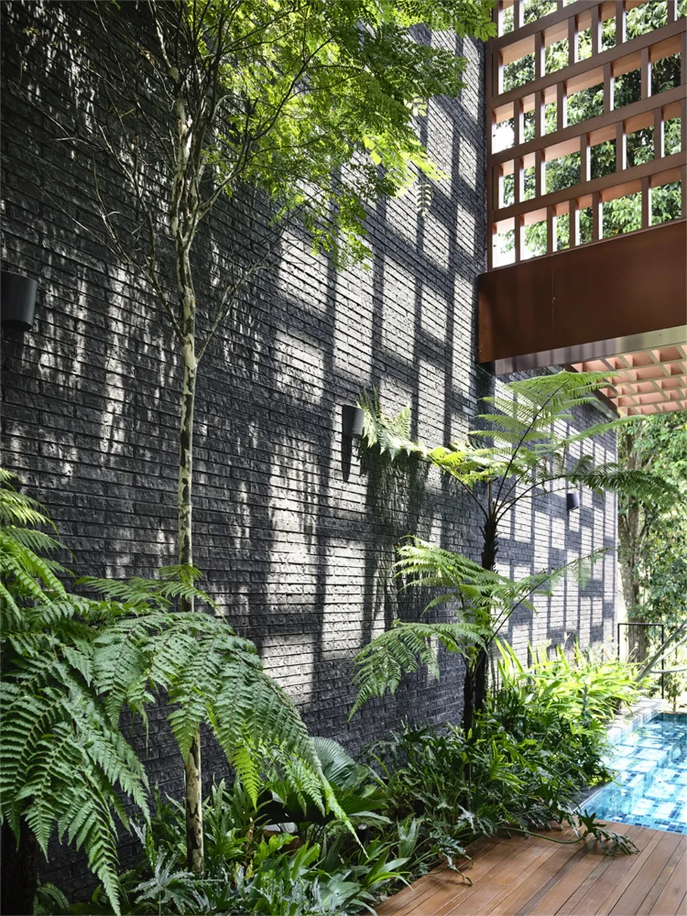 現代戶外花園,搭配黑色磚牆、綠色植物與木質平台。