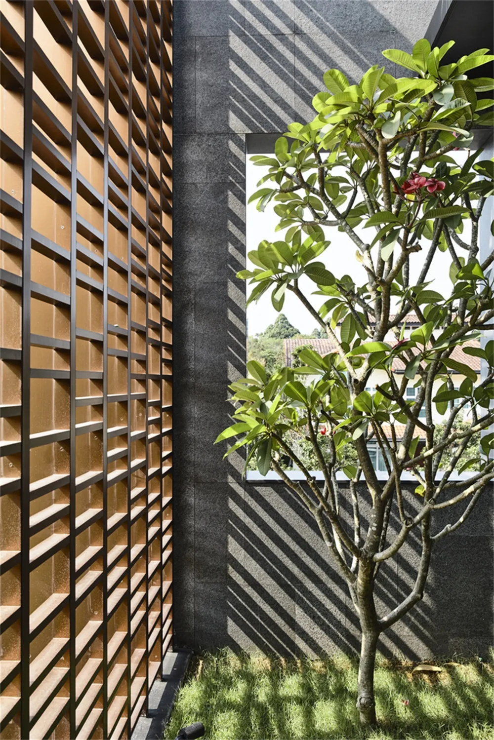 Modern exterior with wooden panel cladding and a tree with red flowers in the foreground.