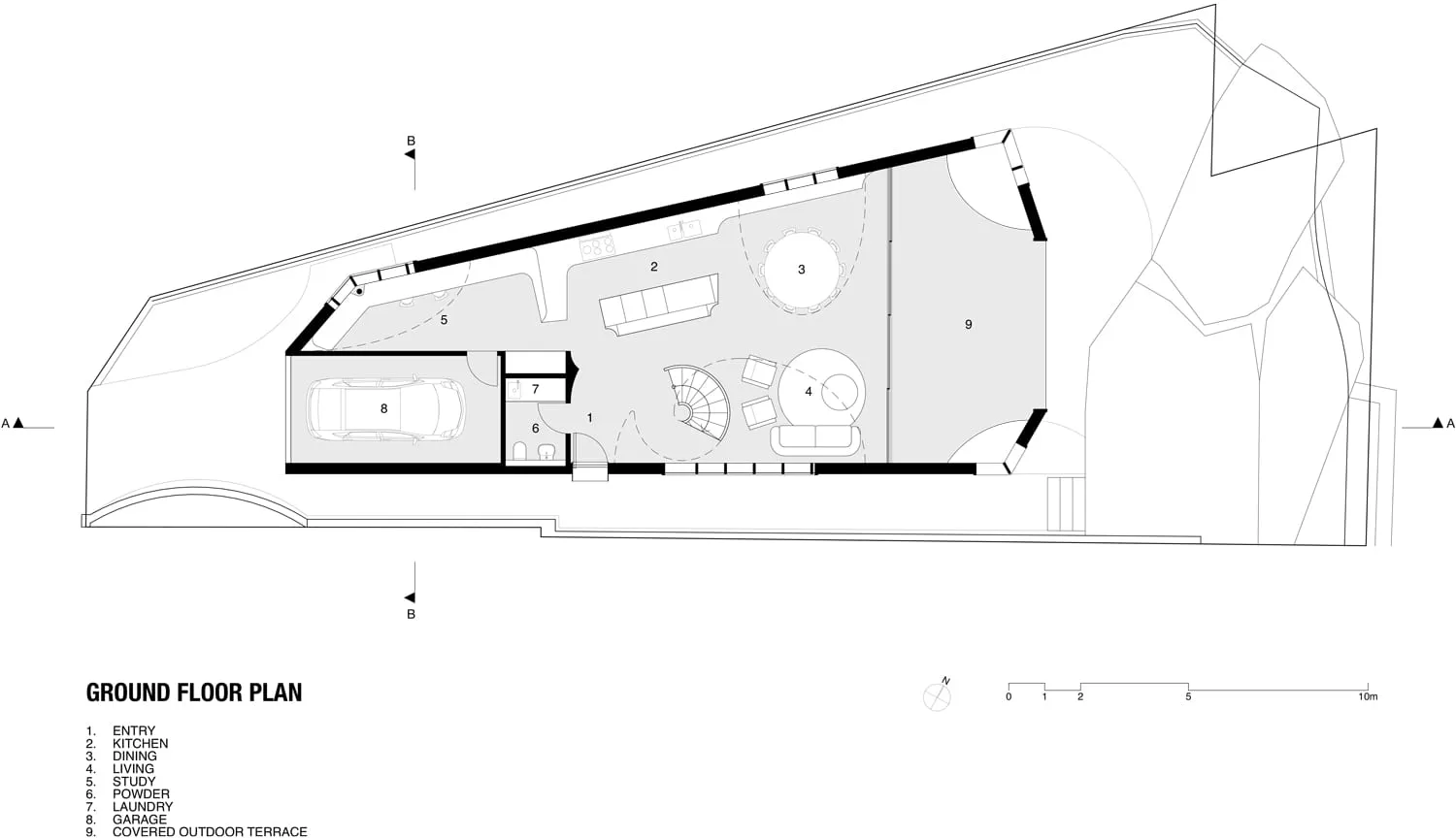Detailed architectural drawing representing the ground floor plan of a house showing rooms, spaces, and layout.