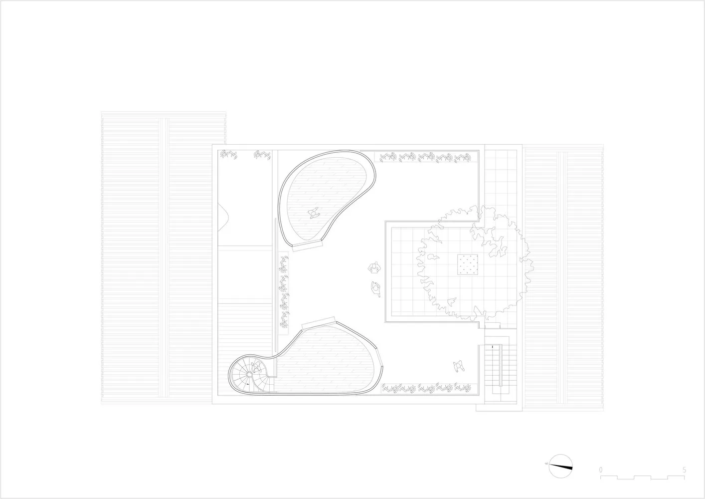 俯視建築圖，呈現以混凝土與樹木打造的現代戶外空間。